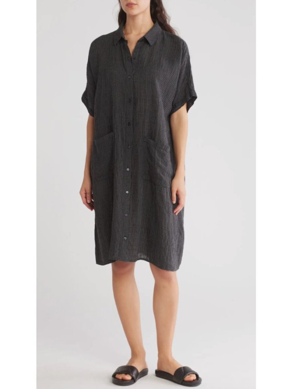 Eileen Fisher Size M Check Print 100% Organic Linen Shirtdress Minimalist